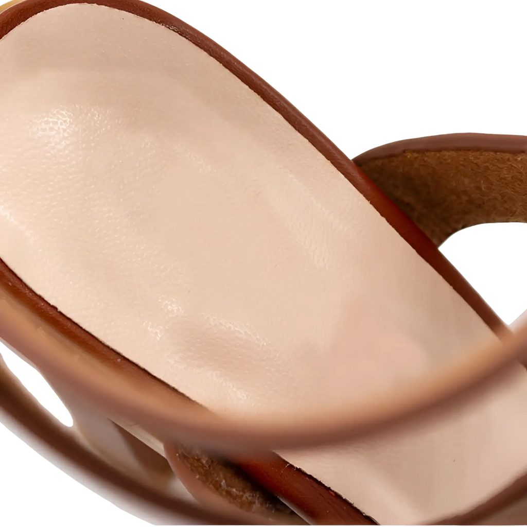 Plus size brown leather block heel strappy sandal insole with smooth light tan interior and stitched edges