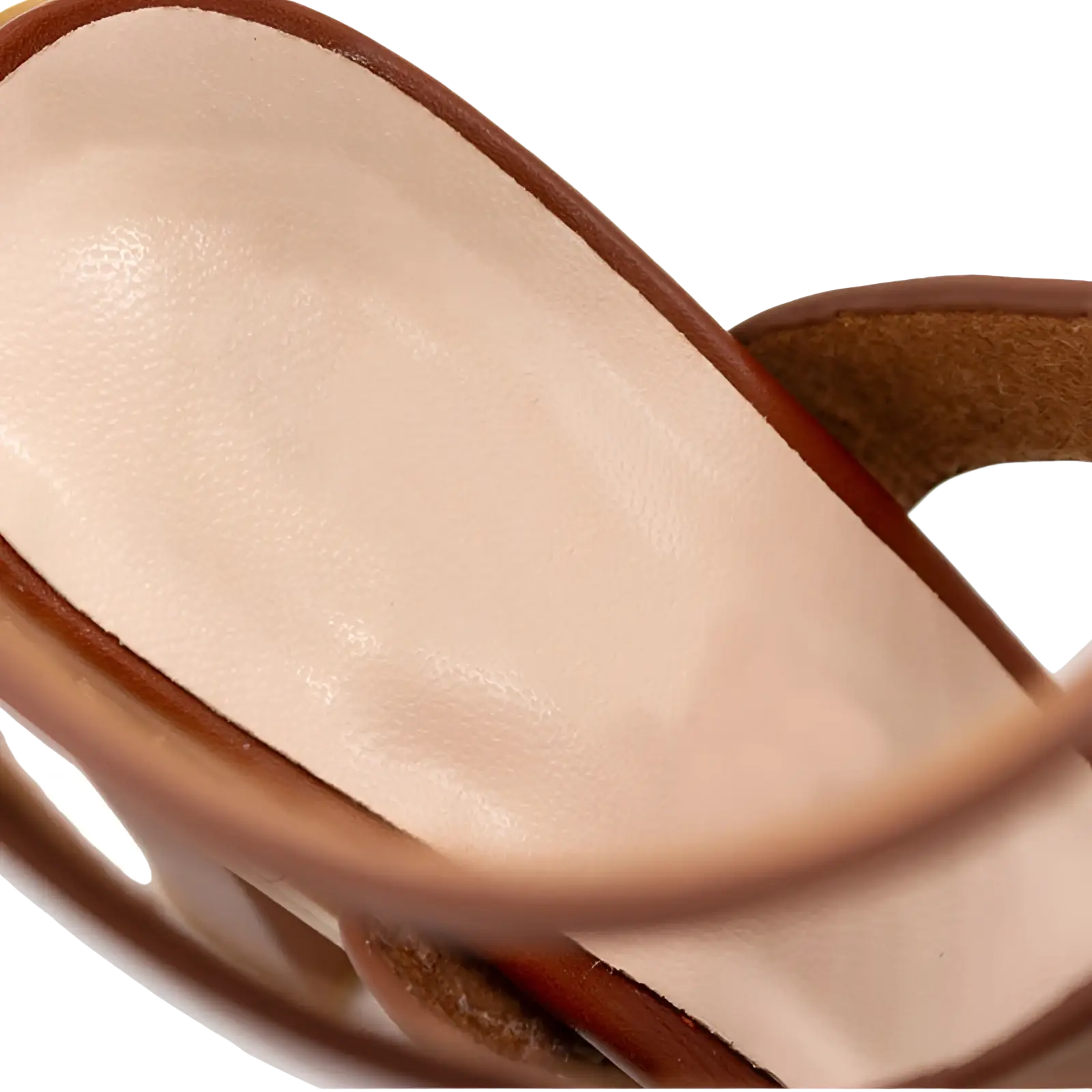 Plus size brown leather block heel strappy sandal insole with smooth light tan interior and stitched edges