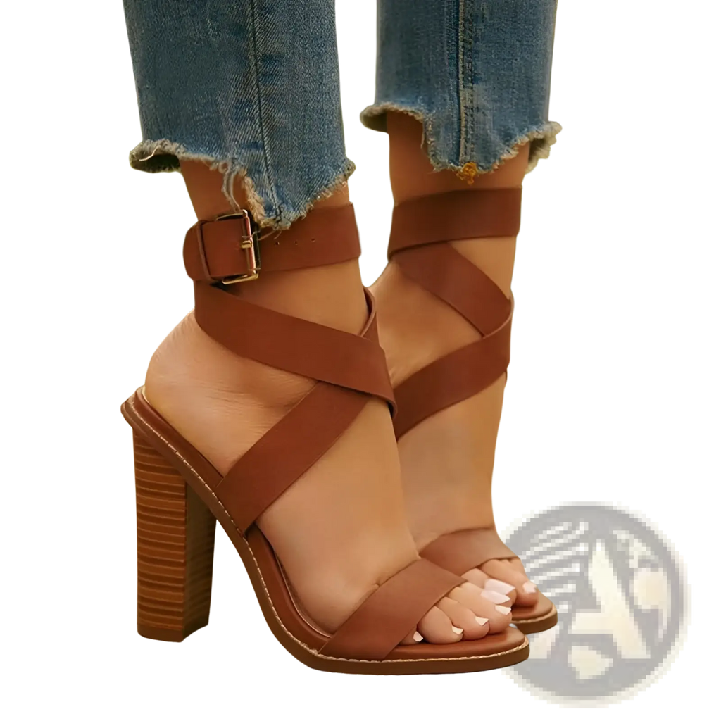 Plus size brown leather block heel strappy sandals with textured block heel and ankle strap