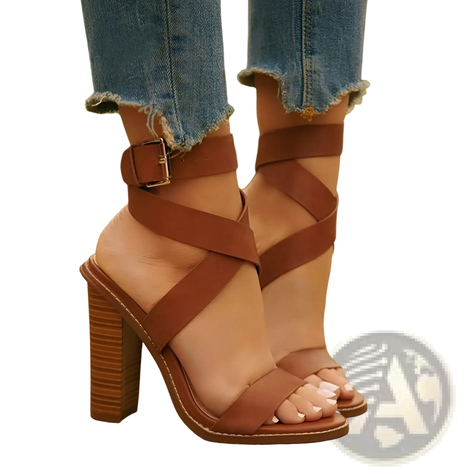 Plus size brown leather block heel strappy sandals with textured block heel and ankle strap