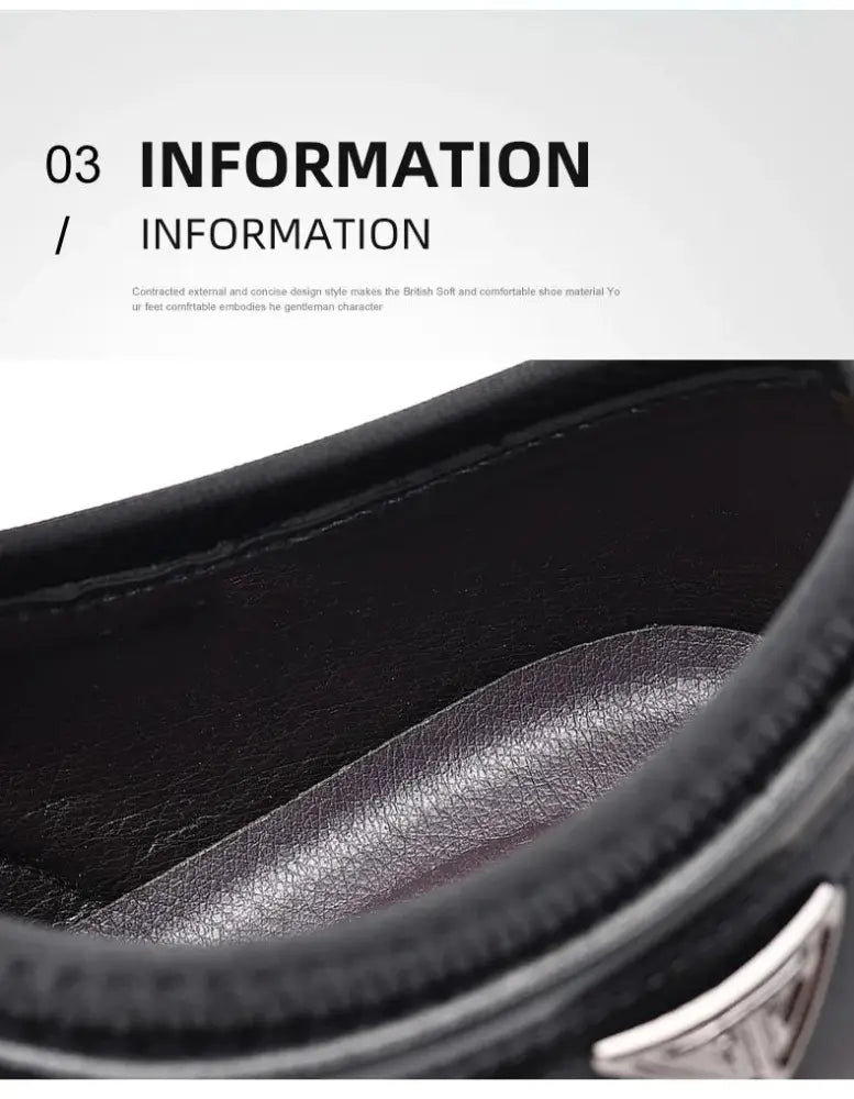 Men’s plus size black leather lace up casual shoe interior with stitched seam and silver triangular logo on the side