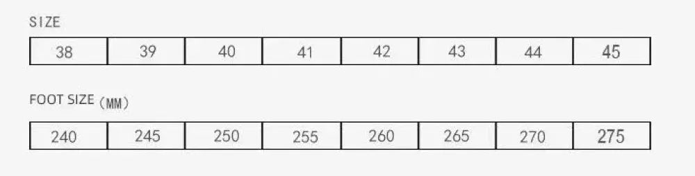 Size chart for men’s plus size fashion leather lace up casual shoes showing shoe sizes 38 to 45 with foot lengths in millimeters
