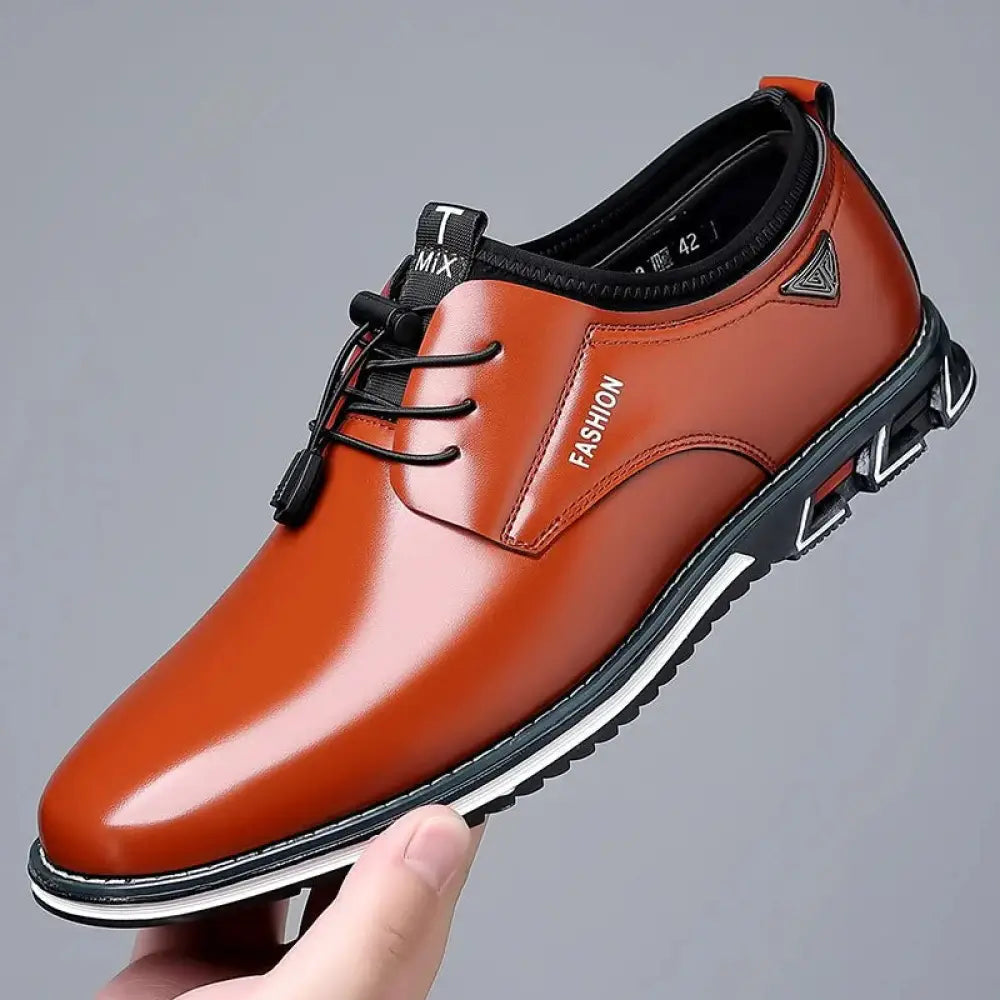 Men’s plus size sleek glossy orange leather lace up casual shoe with black laces and white trimmed sole
