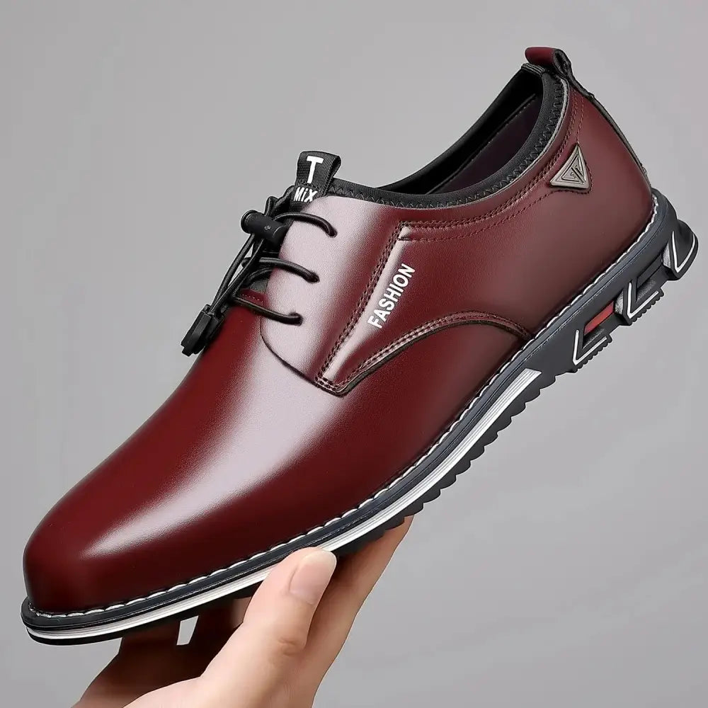 Men’s plus size fashion leather lace up casual shoe in sleek glossy burgundy with black laces and white stitched sole