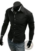 Plus size casual men’s black long-sleeved dress shirt with contrasting white inner collar and cuffs on a mannequin