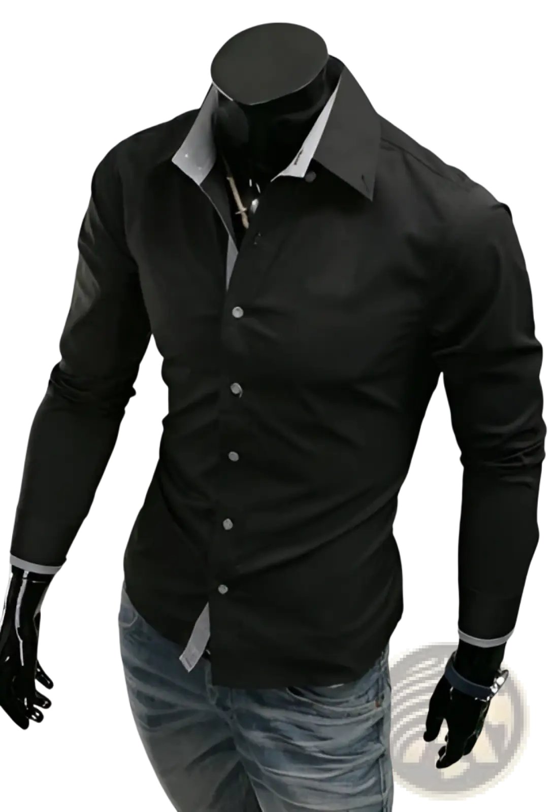 Plus size casual men’s black long-sleeved dress shirt with contrasting white inner collar and cuffs on a mannequin