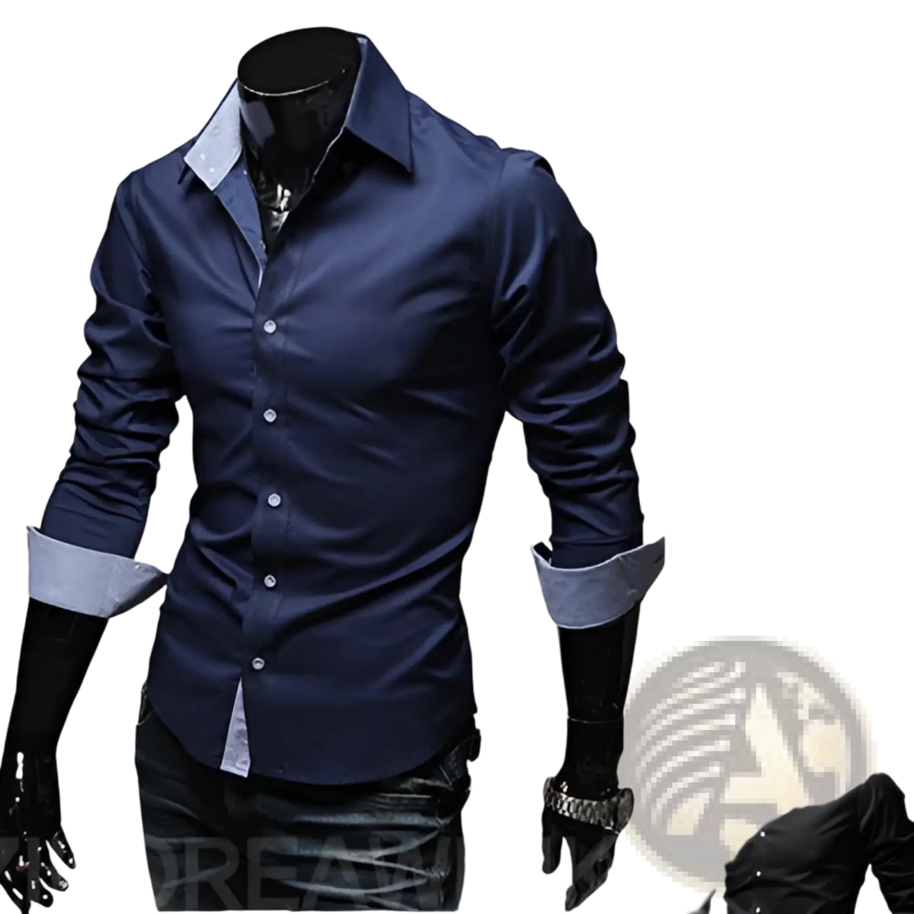 Plus size casual men’s navy blue long-sleeved dress shirt with contrasting light gray inner collar and cuffs