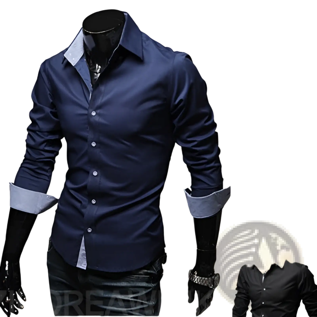 Plus size casual men’s navy blue long-sleeved dress shirt with contrasting light gray inner collar and cuffs