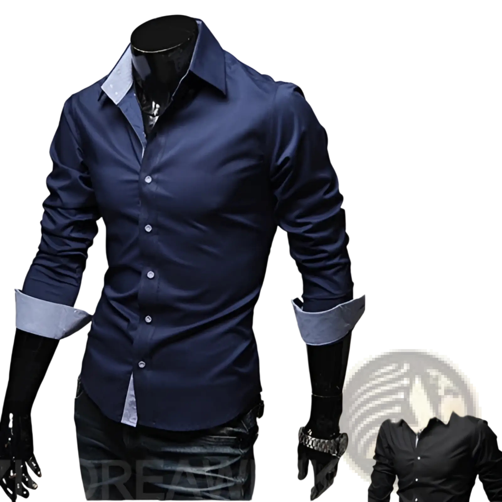 Plus size casual men’s navy blue long-sleeved dress shirt with contrasting light gray inner collar and cuffs