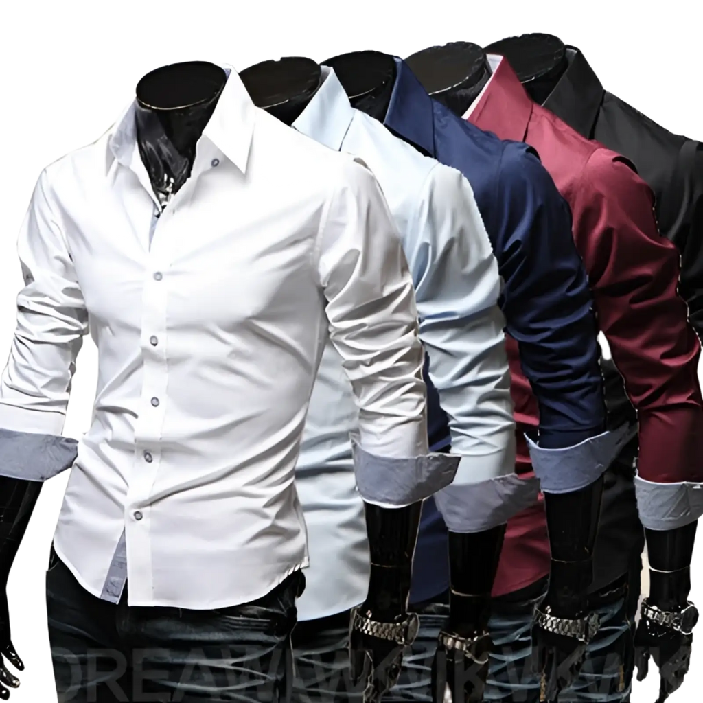 Plus size casual men’s white dress shirt with crisp collar, button-down front, and rolled sleeves showing blue inner cuffs