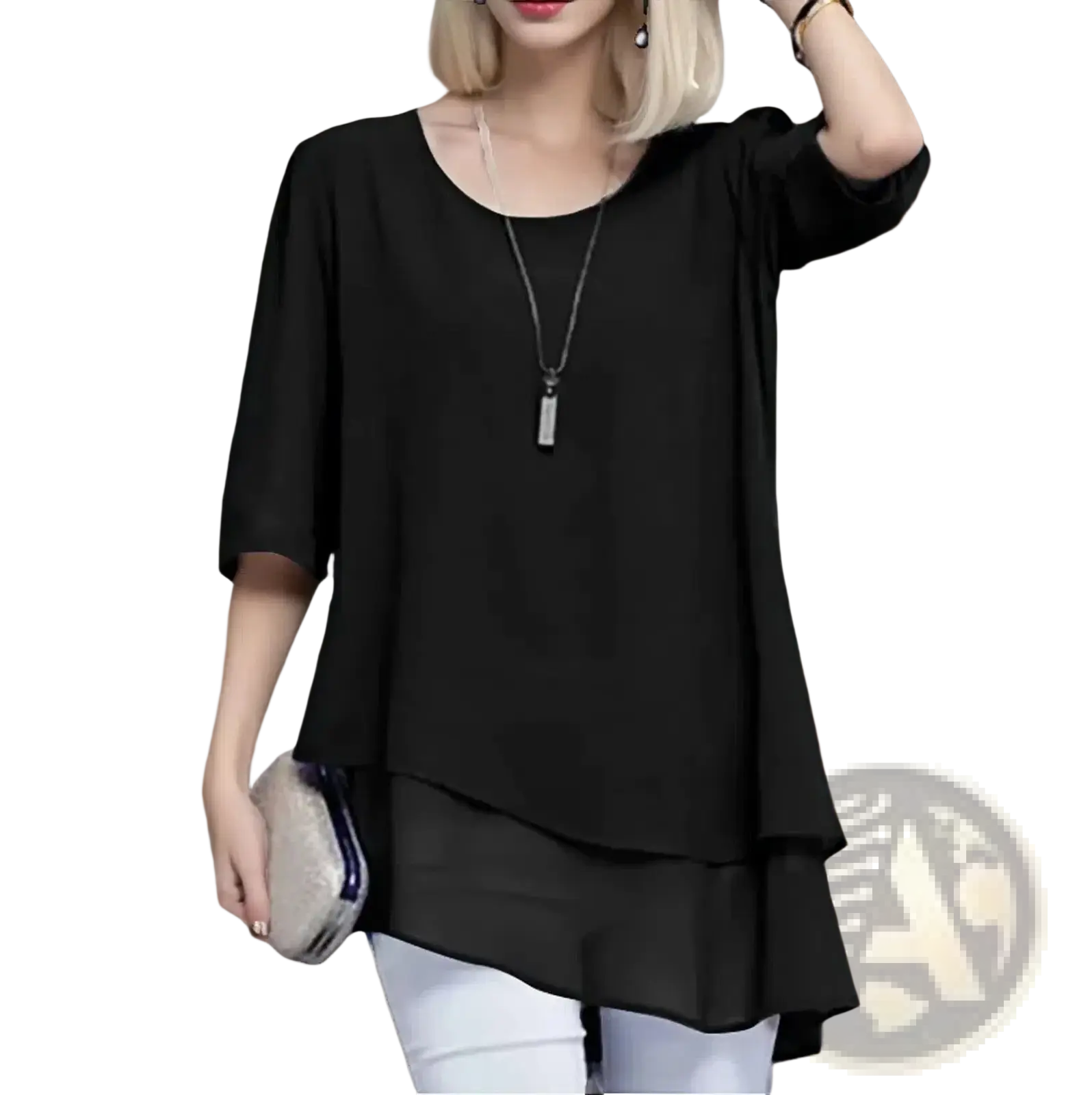Plus size chiffon layered top in black with loose fit three quarter sleeves and soft flowing fabric with layered hem