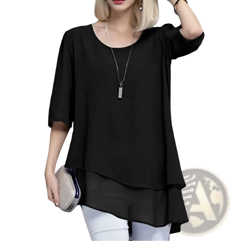 Plus size chiffon layered top in black with loose fit three quarter sleeves and soft flowing fabric with layered hem