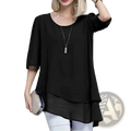 Plus size chiffon layered top in black with loose fit three quarter sleeves and soft flowing fabric with layered hem