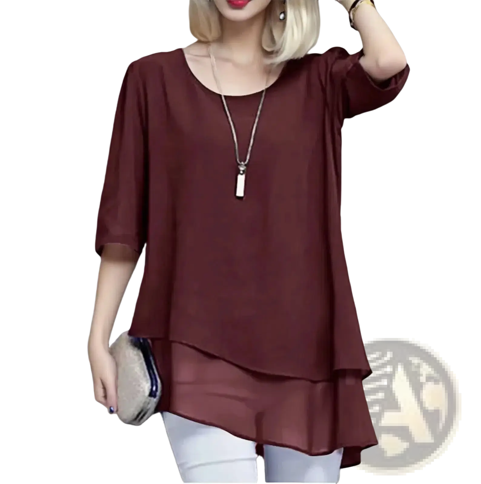 Plus size chiffon layered top in maroon featuring sheer fabric three-quarter sleeves and an asymmetrical hemline
