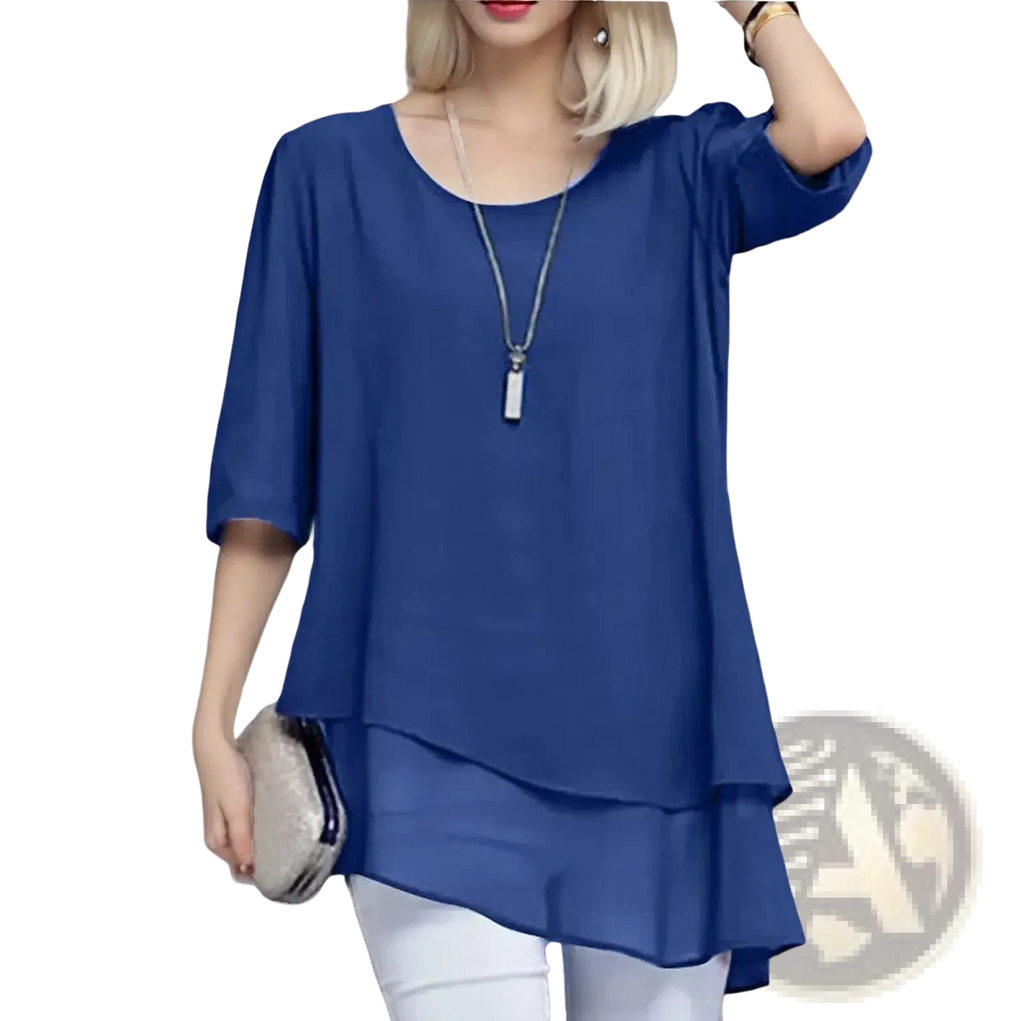 Plus size chiffon layered top in royal blue with three-quarter sleeves and a flowing asymmetrical hemline