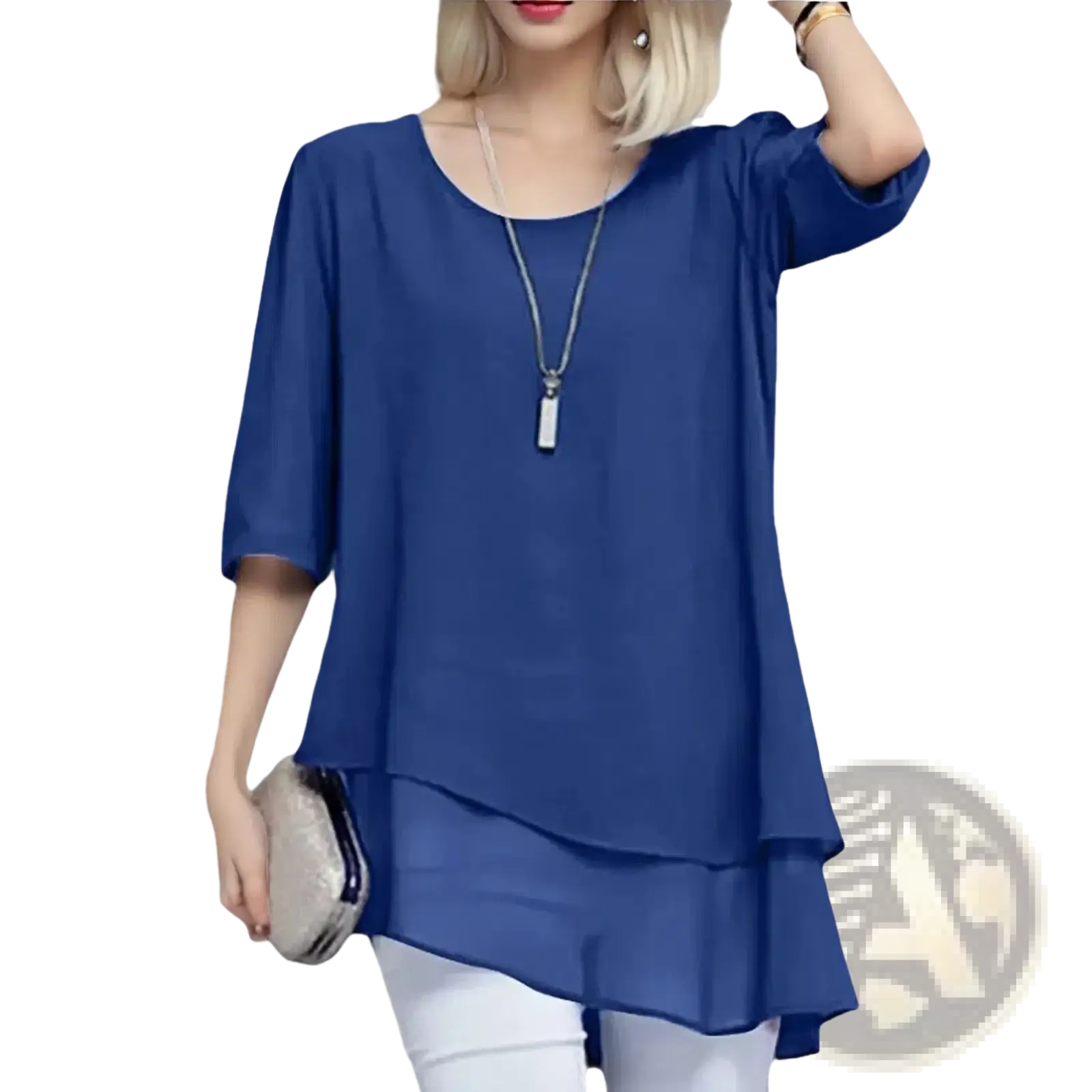 Plus size chiffon layered top in royal blue with flowing fabric three-quarter sleeves and relaxed asymmetrical hemline