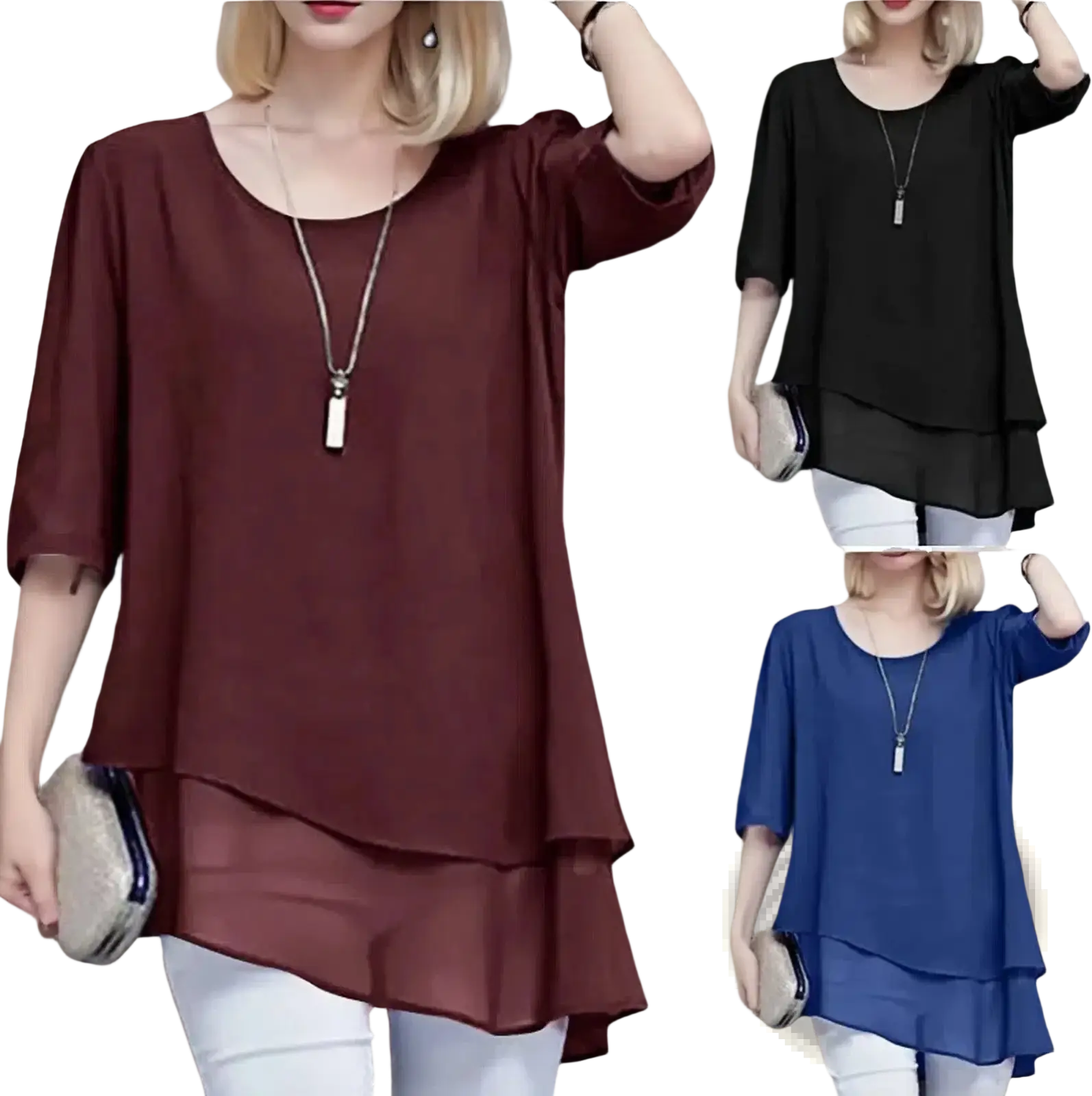 Plus size chiffon layered top in rich burgundy with flowing tiers three-quarter sleeves and relaxed fit