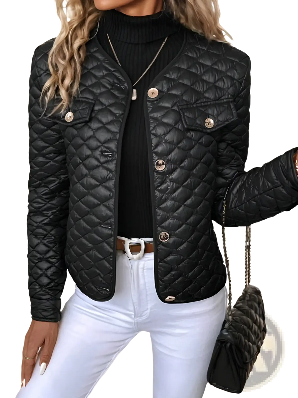 Plus size diamond quilted black winter coat with metallic buttons and a structured fitted design