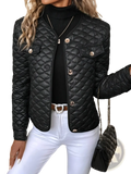 Plus size diamond quilted black winter coat with metallic buttons and a structured fitted design