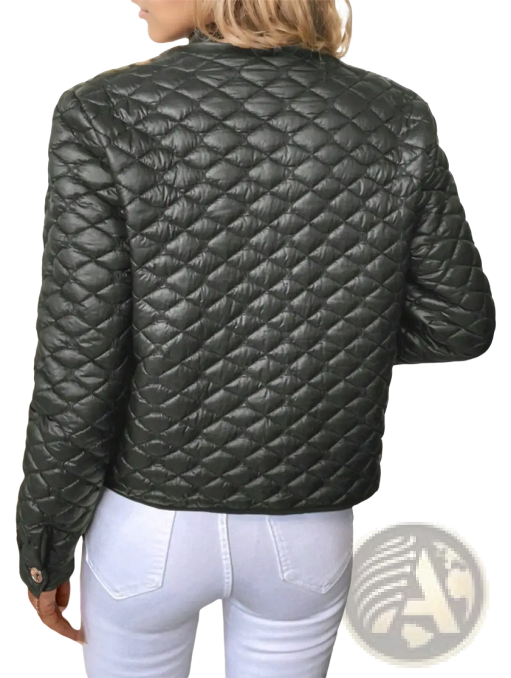 Plus size black quilted puffer jacket with diamond pattern and shiny synthetic fabric for winter wear