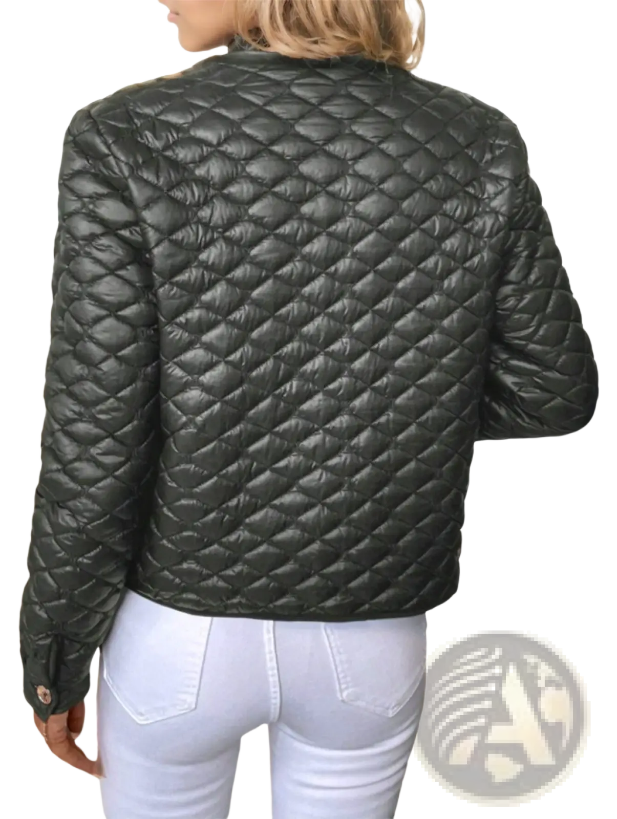 Plus size black quilted puffer jacket with diamond pattern and shiny synthetic fabric for winter wear