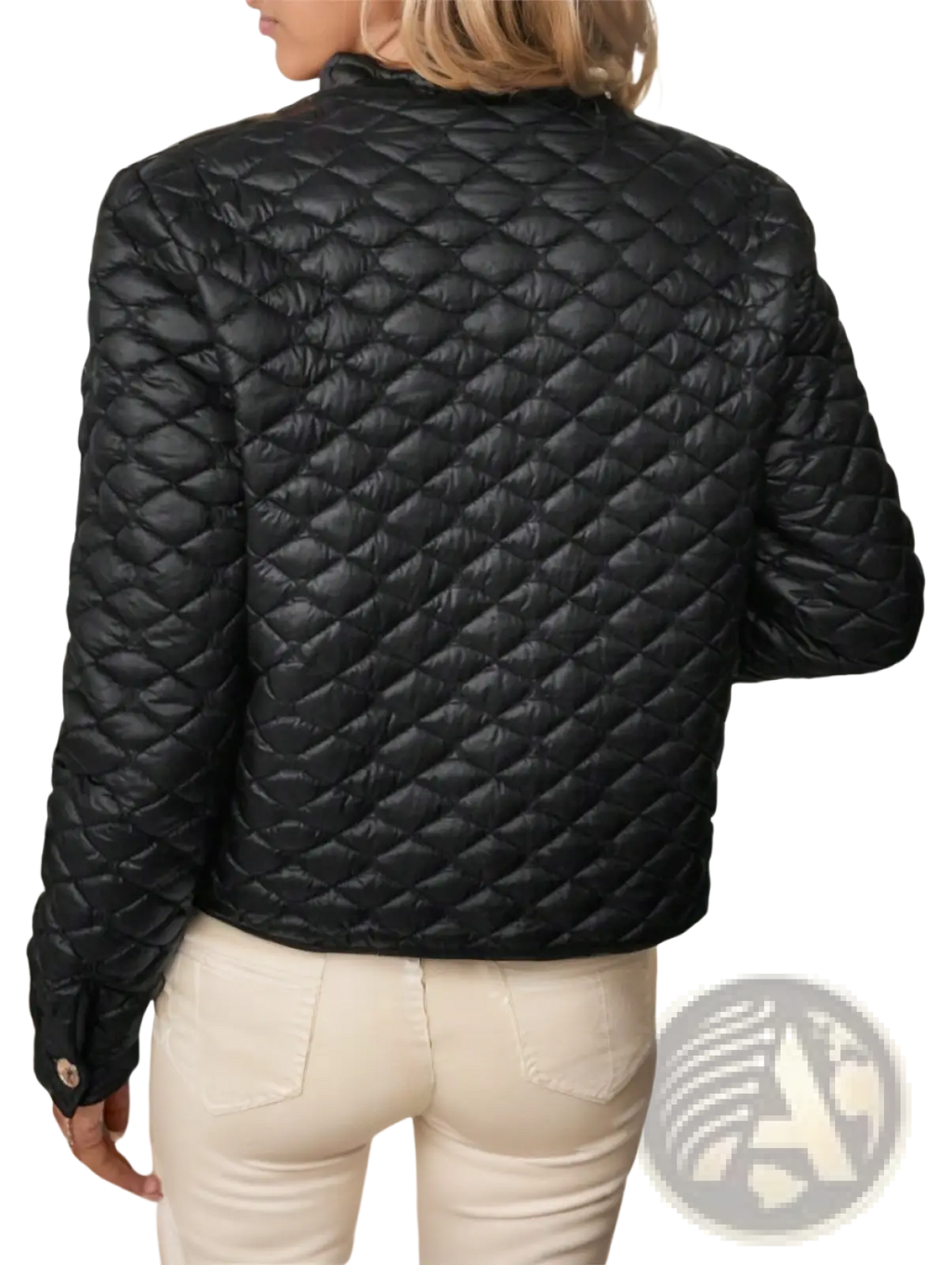 Plus size black diamond quilted puffer jacket with high collar designed for winter wear