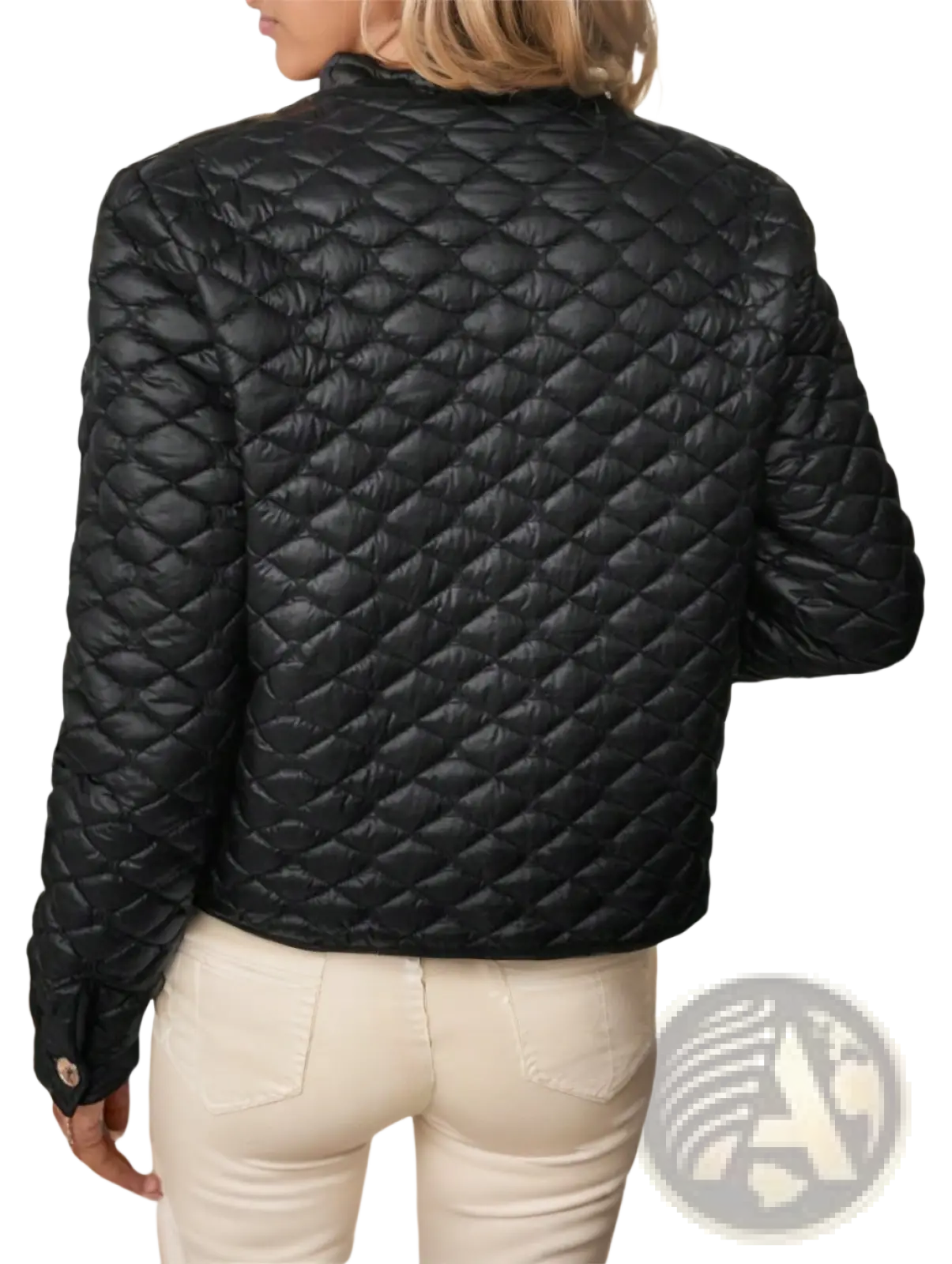 Plus size black diamond quilted puffer jacket with high collar designed for winter wear