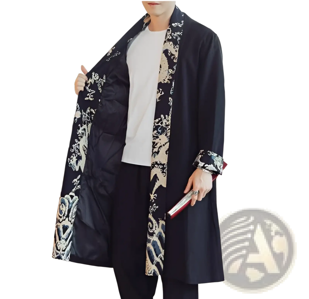 Plus size black mens long coat with intricate white and gold dragon embroidery along front, cuffs, and inner lining