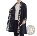 Plus size black mens long coat with intricate white and gold dragon embroidery along front, cuffs, and inner lining