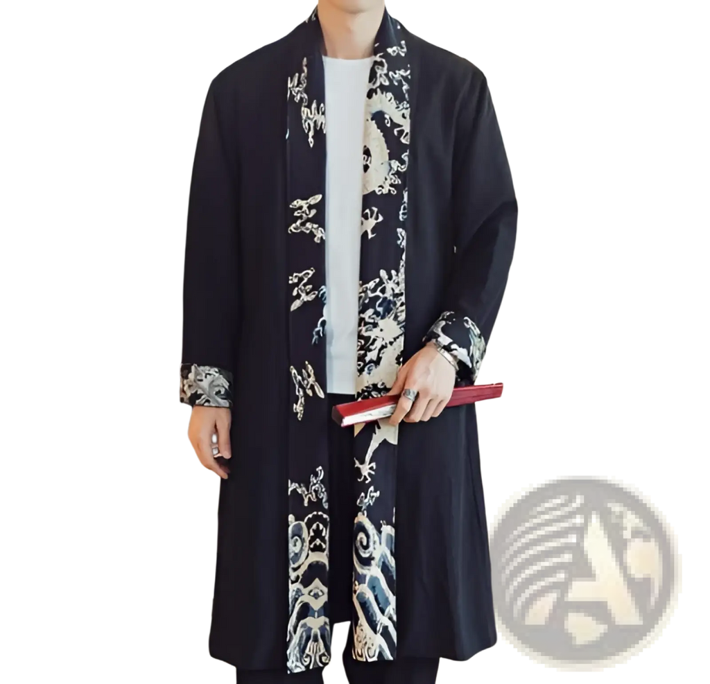 Plus size mens long black coat with intricate white and gray dragon embroidery on front opening cuffs and hem