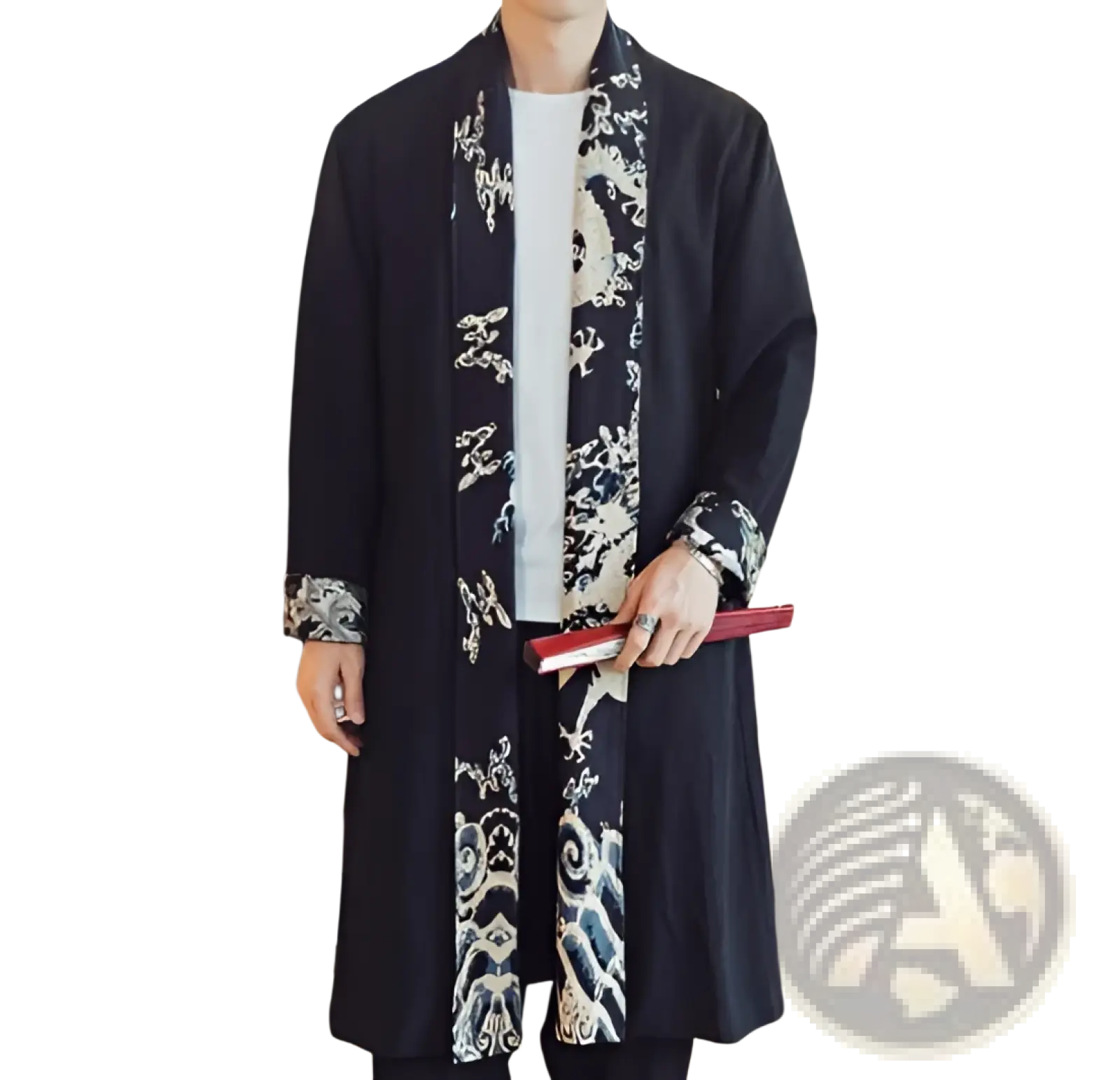Plus size mens long black coat with intricate white and gray dragon embroidery on front opening cuffs and hem