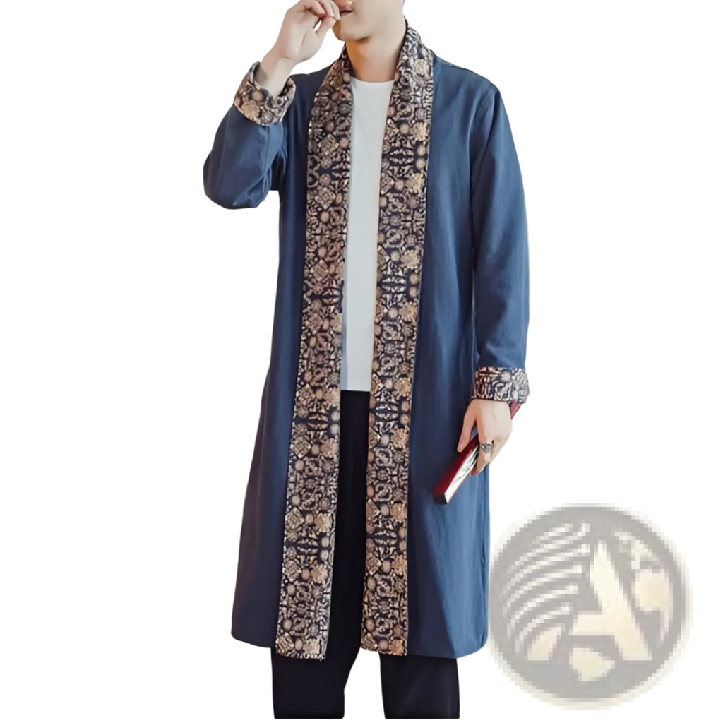 Plus size mens long coat in blue with gold and black intricate patterned trim and dragon embroidery