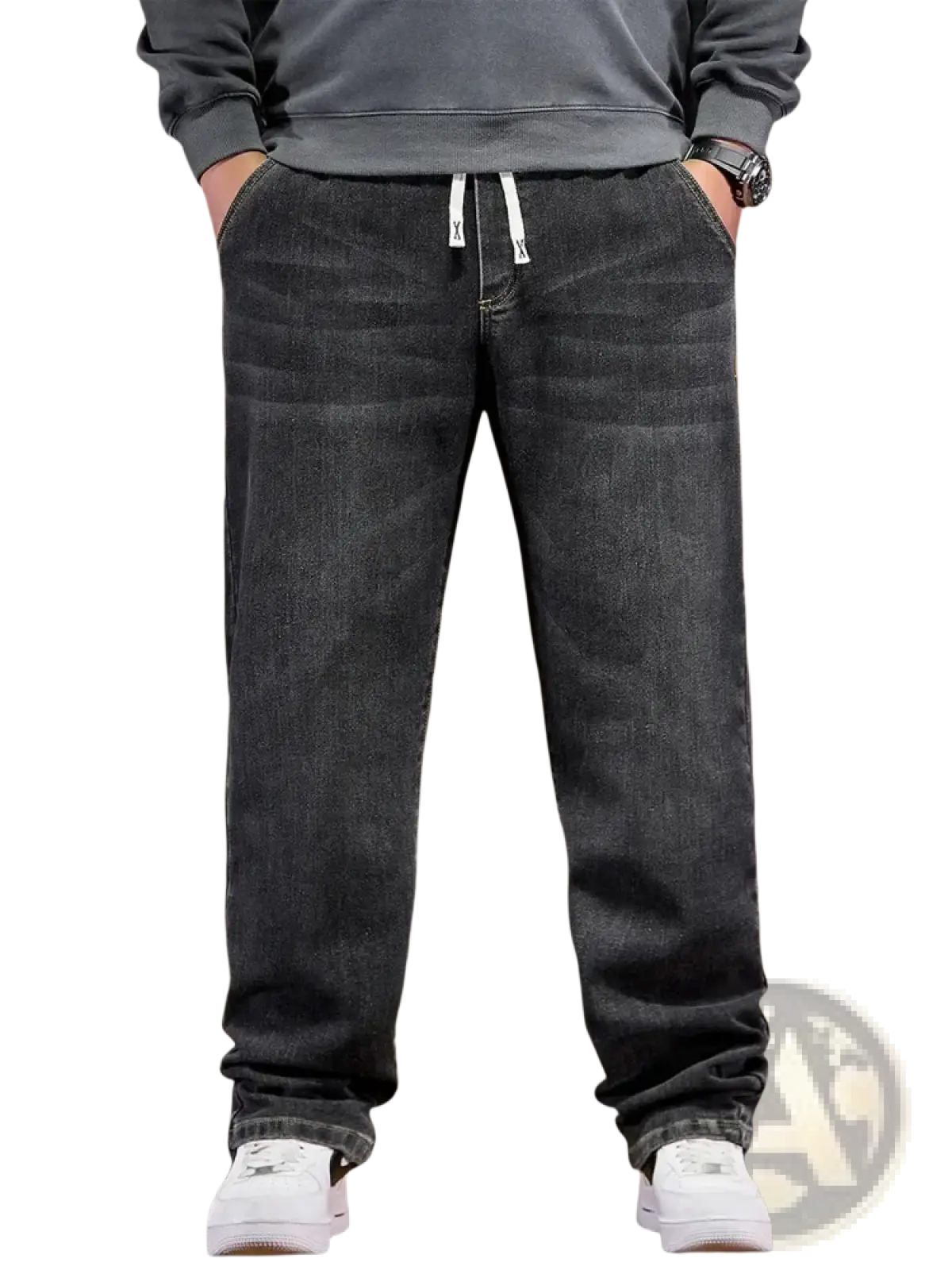 Plus size dark gray relaxed fit denim jeans with white elastic drawstring waistband and loose straight legs