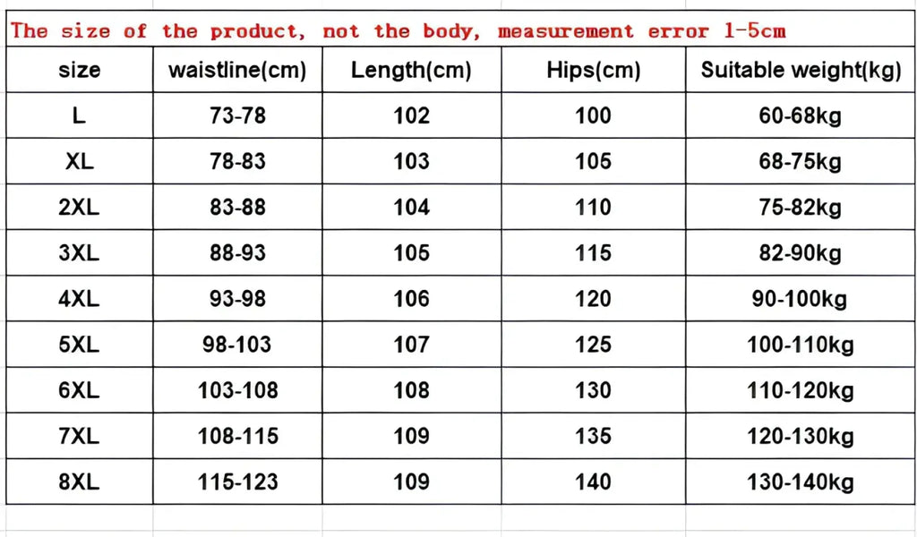 Size chart for plus size elastic waist loose straight jeans showing centimeter measurements and weight ranges from L to 8XL
