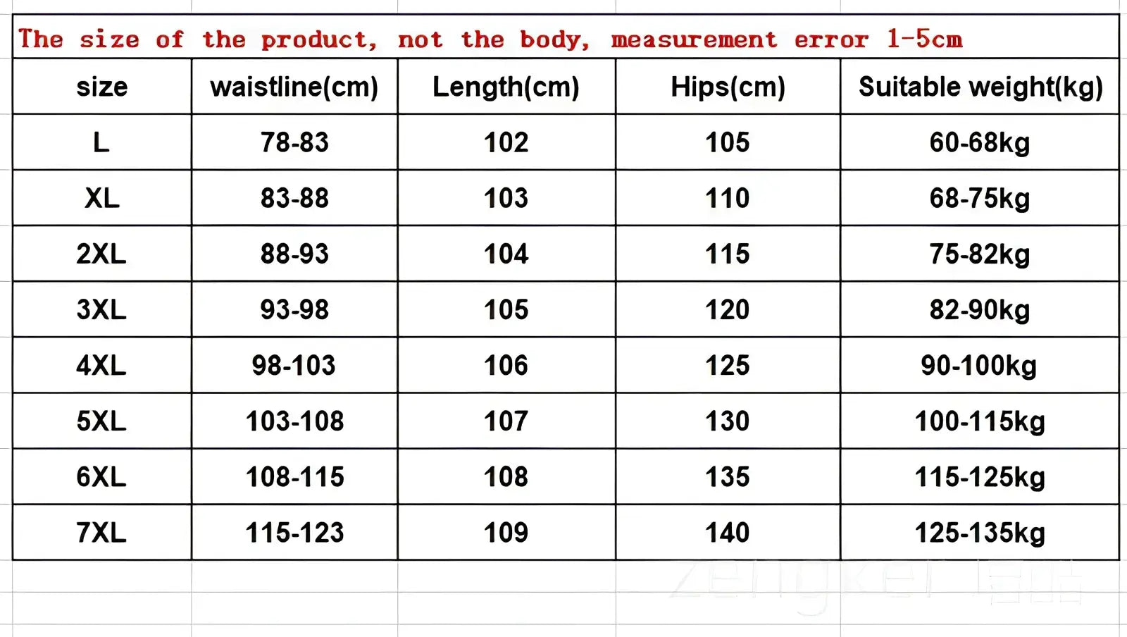 Size chart for plus size elastic waist loose straight jeans showing measurements in centimeters and weight ranges from L to 7XL