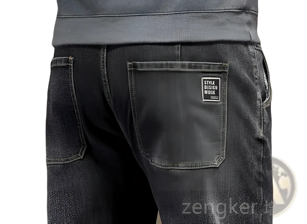 Back view of plus size elastic waist loose straight dark-wash denim jeans with classic pocket and black style design patch