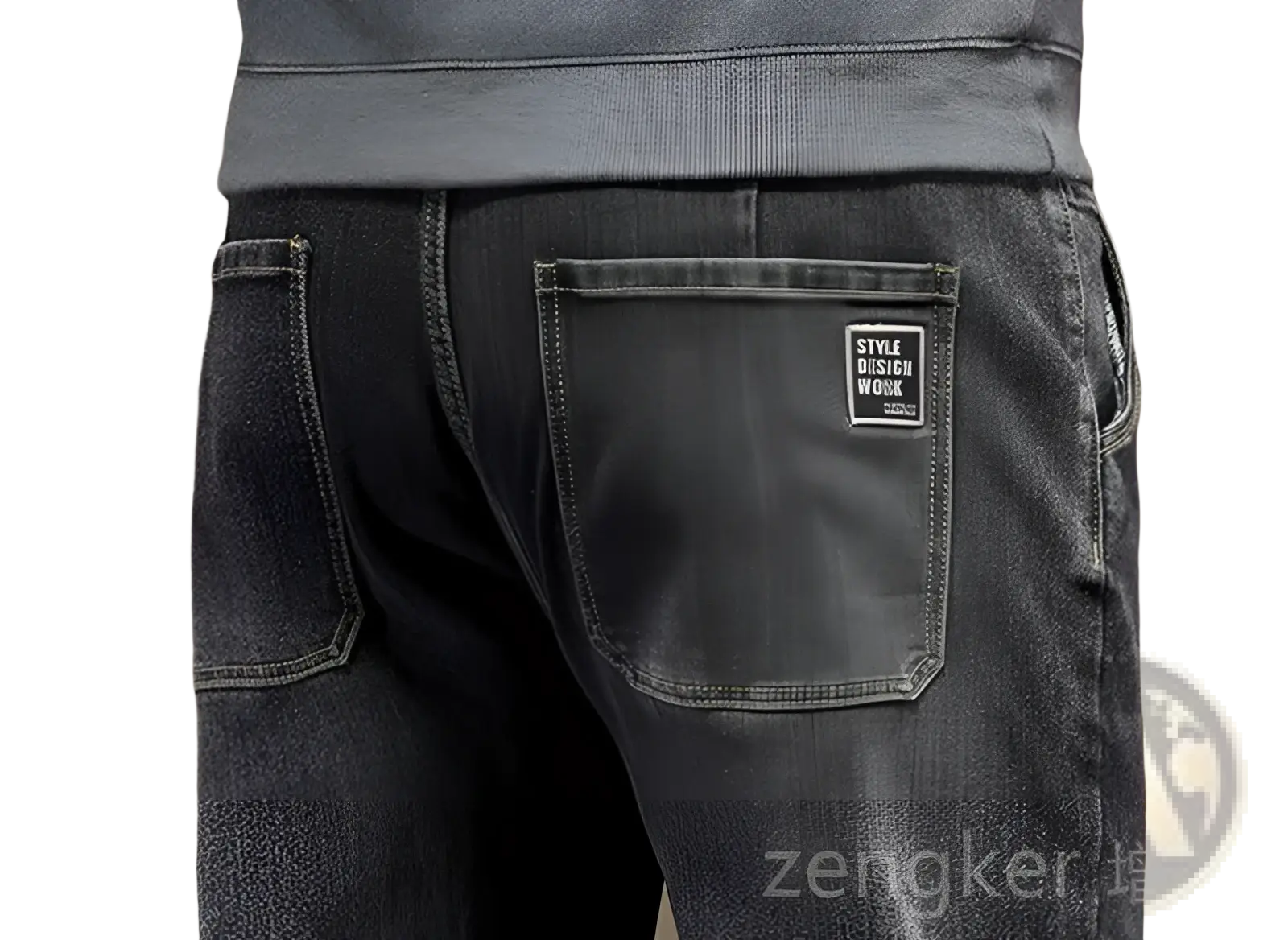 Back view of plus size elastic waist loose straight dark-wash denim jeans with classic pocket and black style design patch
