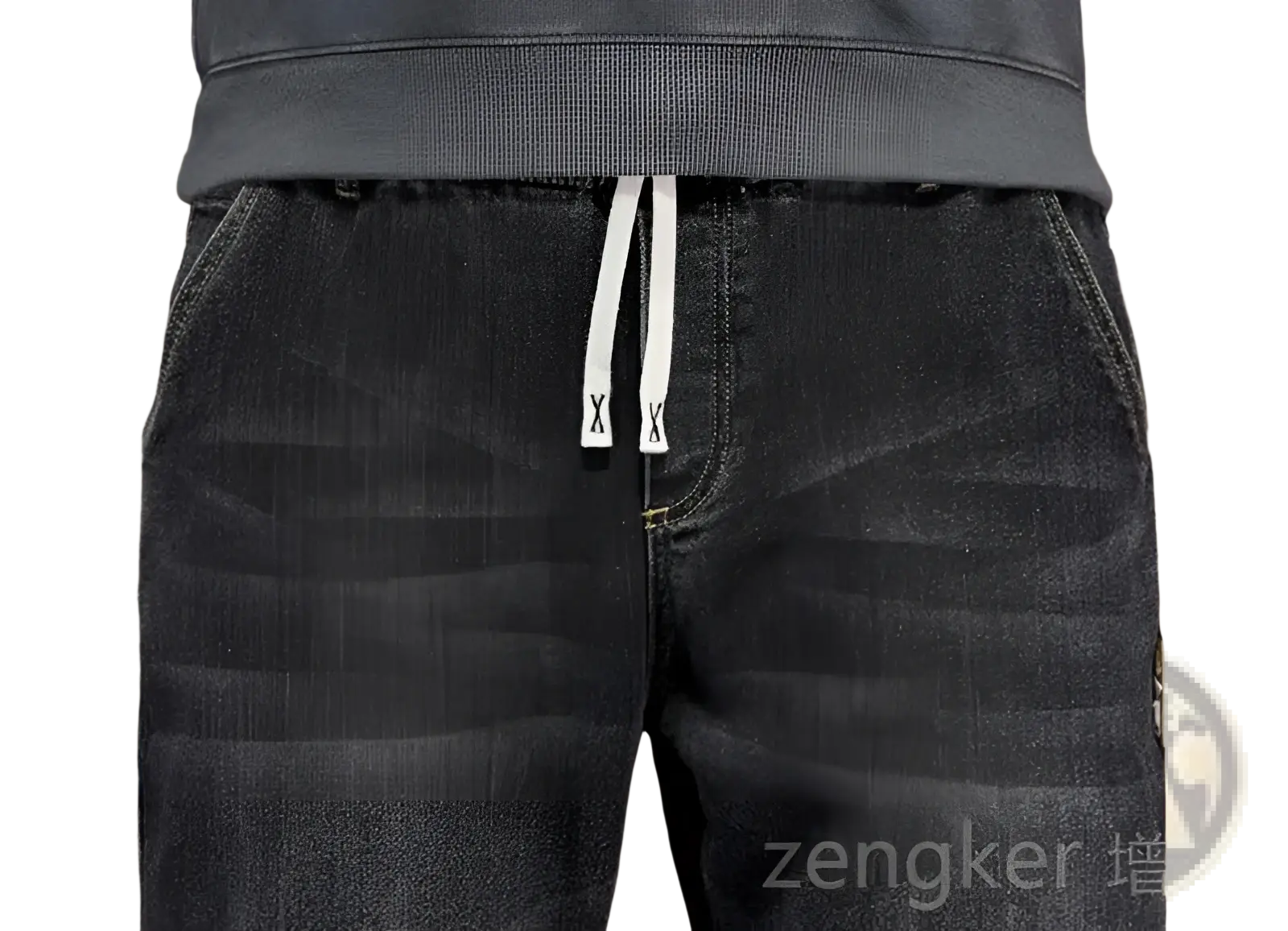 Plus size dark-wash denim joggers with elastic waist loose straight fit and white drawstring ties with black x branding