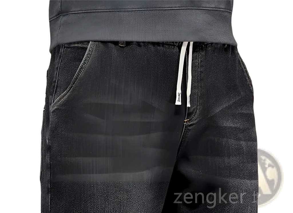Plus size dark-wash denim joggers with elastic waistband and white drawstrings featuring a loose straight fit