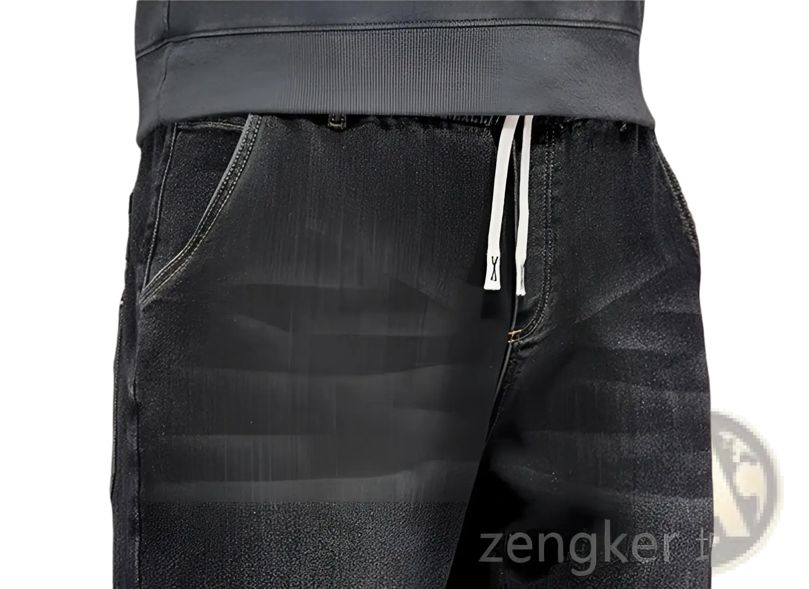 Plus size dark-wash denim joggers with elastic waistband and white drawstrings featuring a loose straight fit