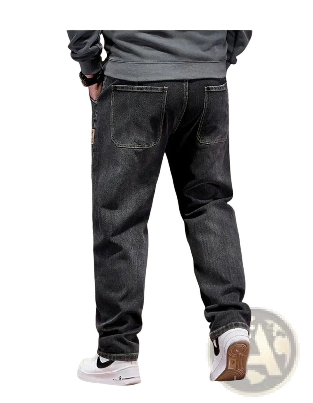 Plus size elastic waist loose straight dark-wash denim jeans with relaxed fit and classic back pockets shown from the back