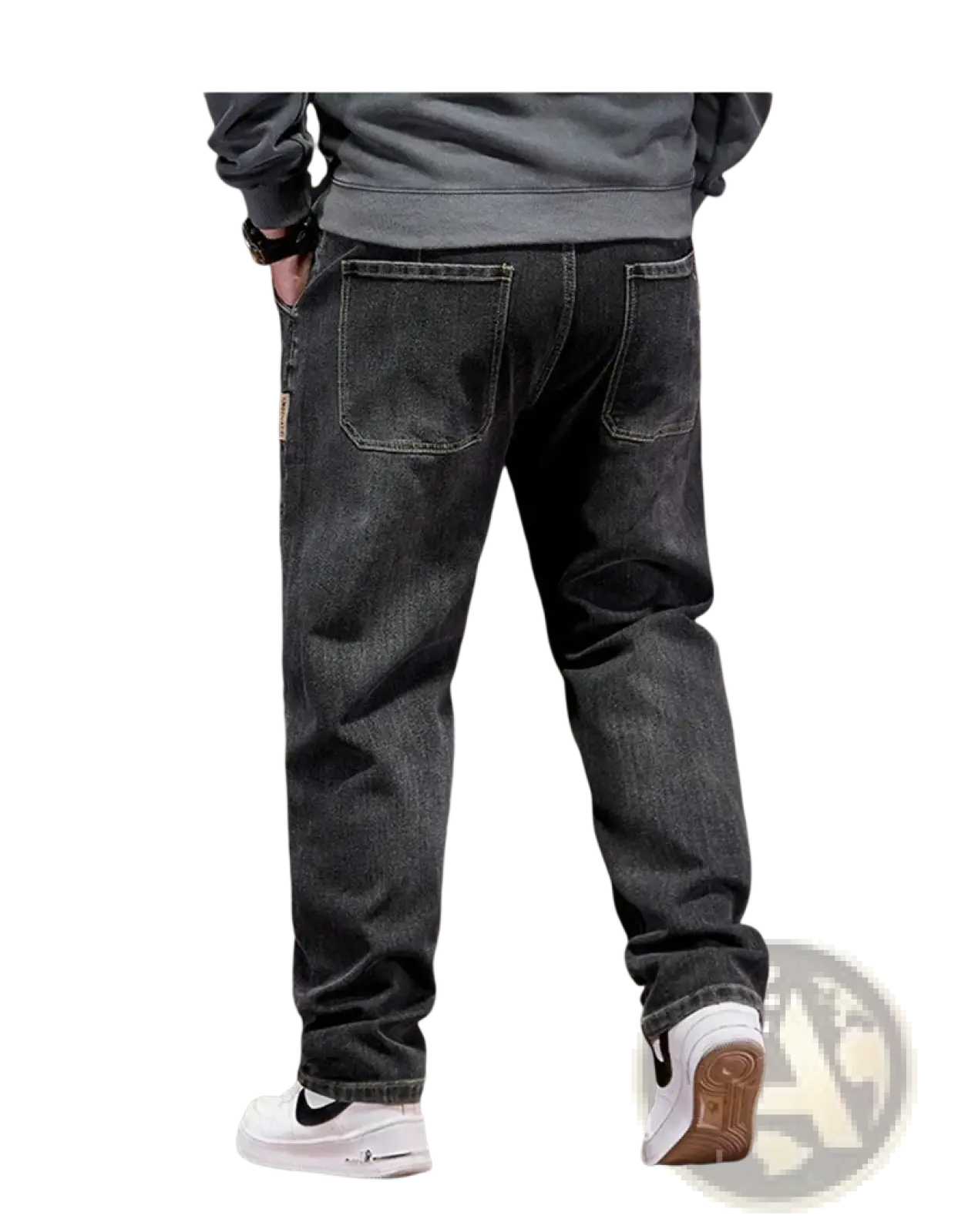 Plus size elastic waist loose straight dark-wash denim jeans with relaxed fit and classic back pockets shown from the back