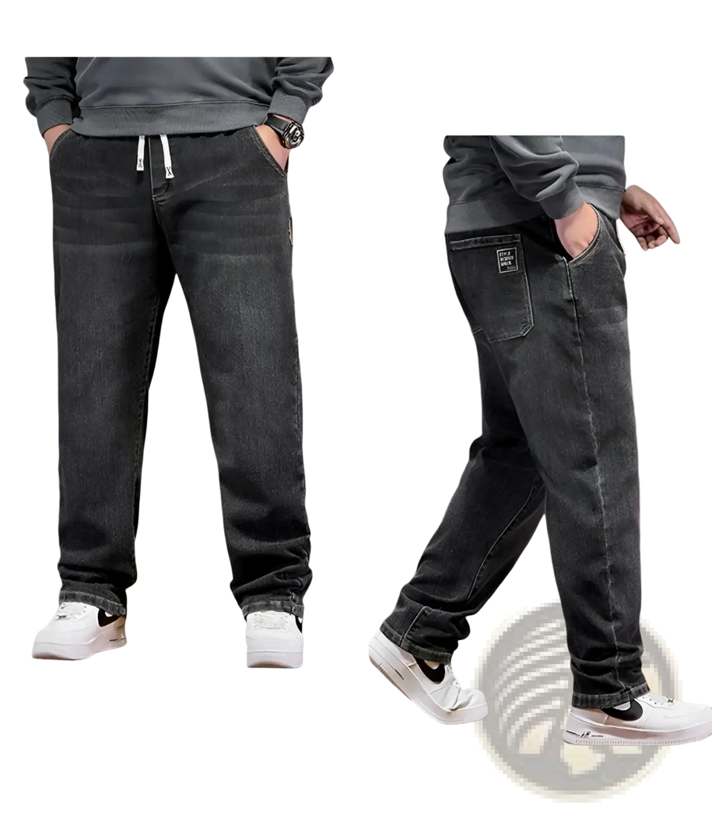 Plus size elastic waist loose straight dark-wash denim jeans with relaxed fit and white drawstring waistband