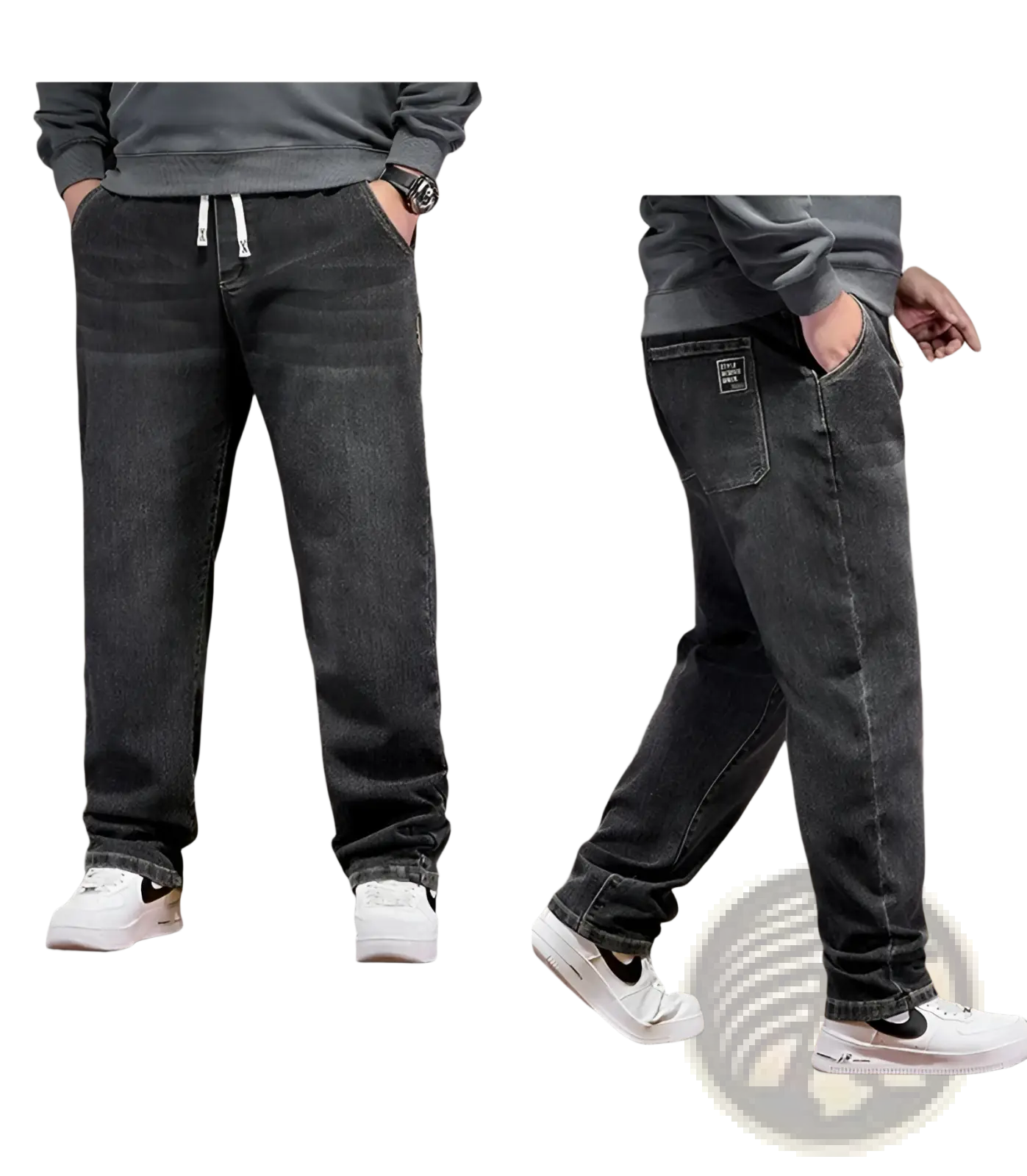 Plus size elastic waist loose straight dark-wash denim jeans with relaxed fit and white drawstring waistband