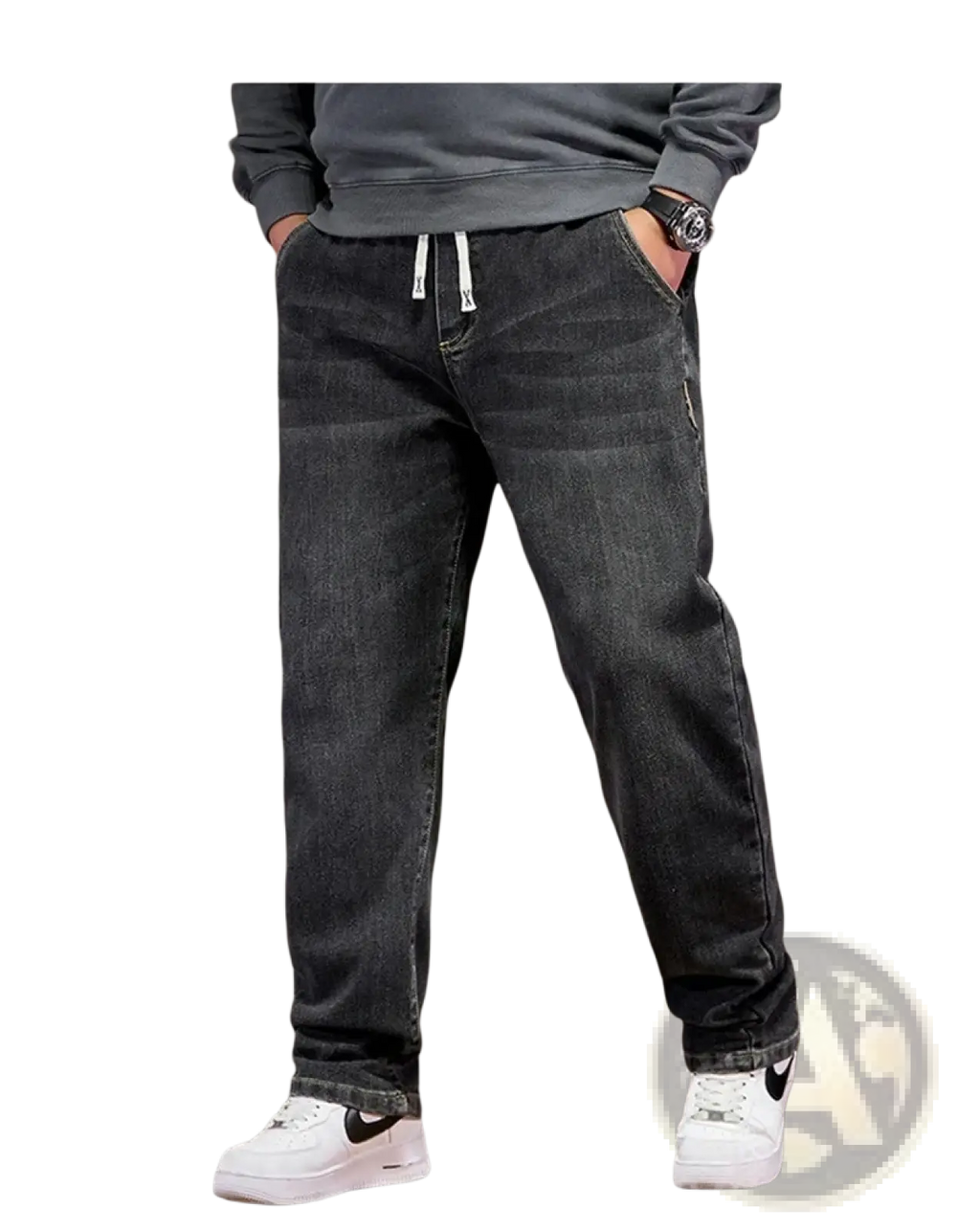 Plus size elastic waist loose straight dark-wash denim jeans with white drawstrings and subtle stitching details