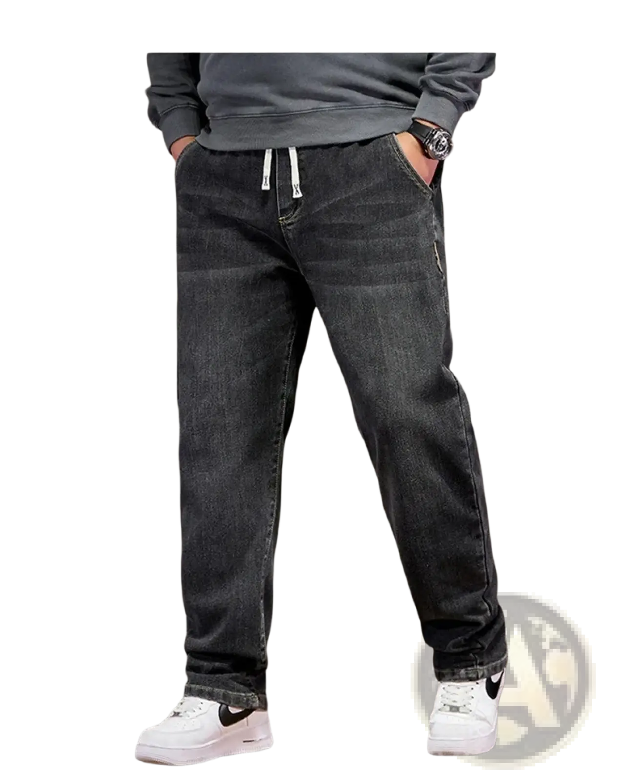 Plus size elastic waist loose straight dark-wash denim jeans with white drawstrings and subtle stitching details