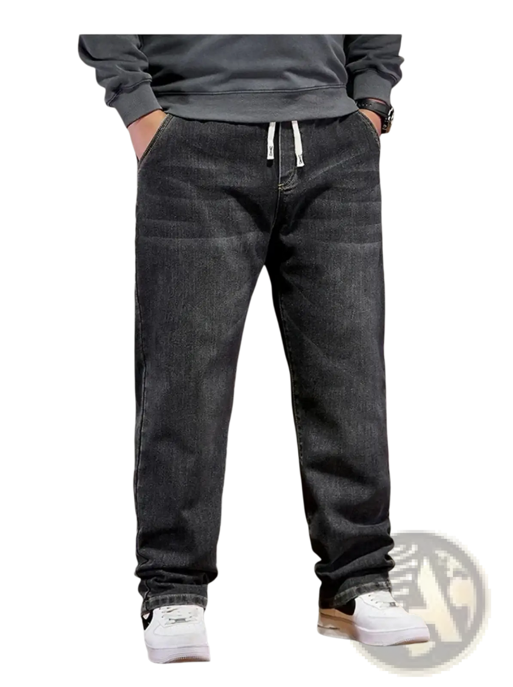 Plus size elastic waist loose straight dark-wash denim jeans with white drawstrings at the waistband front view