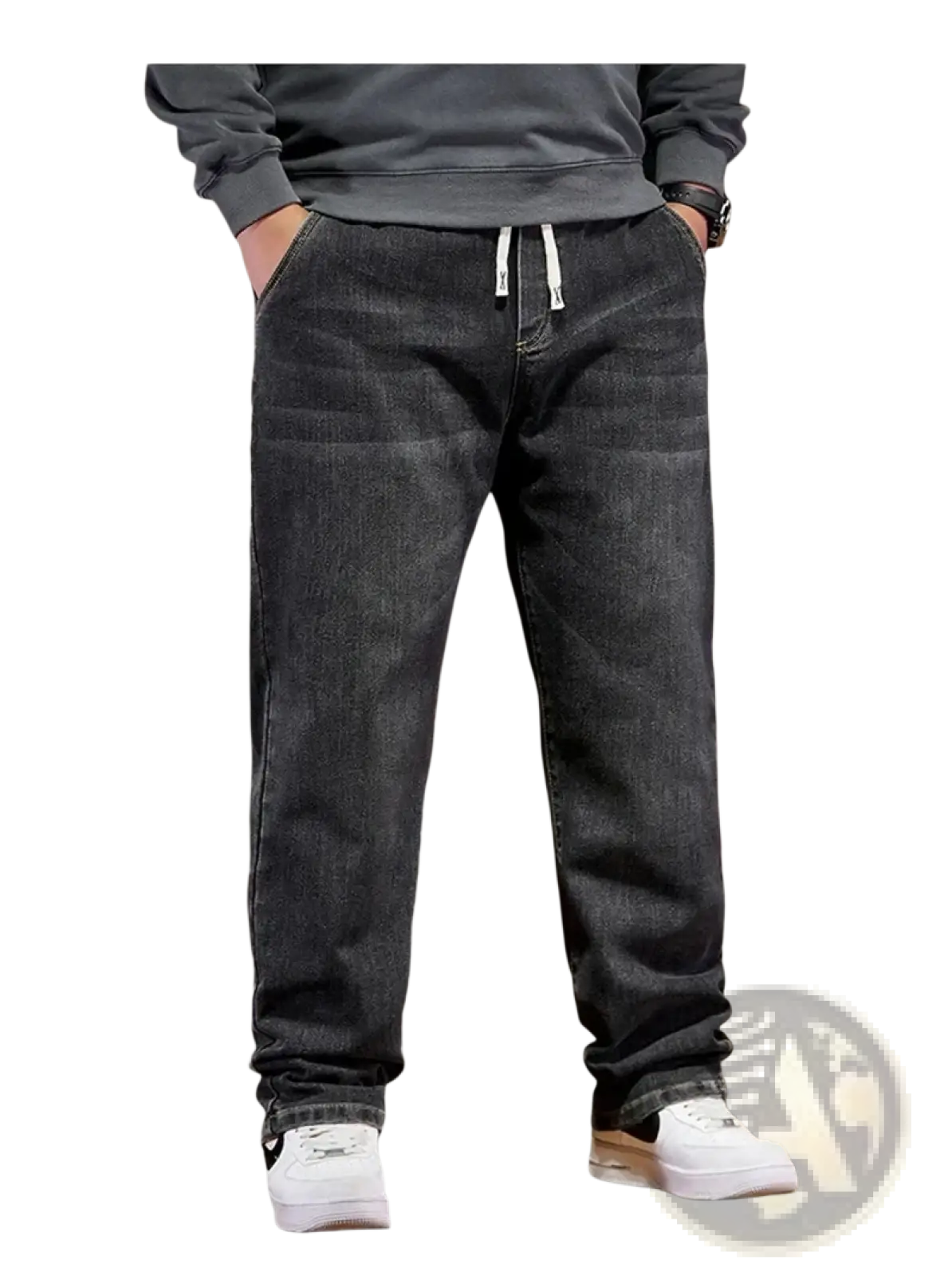 Plus size elastic waist loose straight dark-wash denim jeans with white drawstrings at the waistband front view