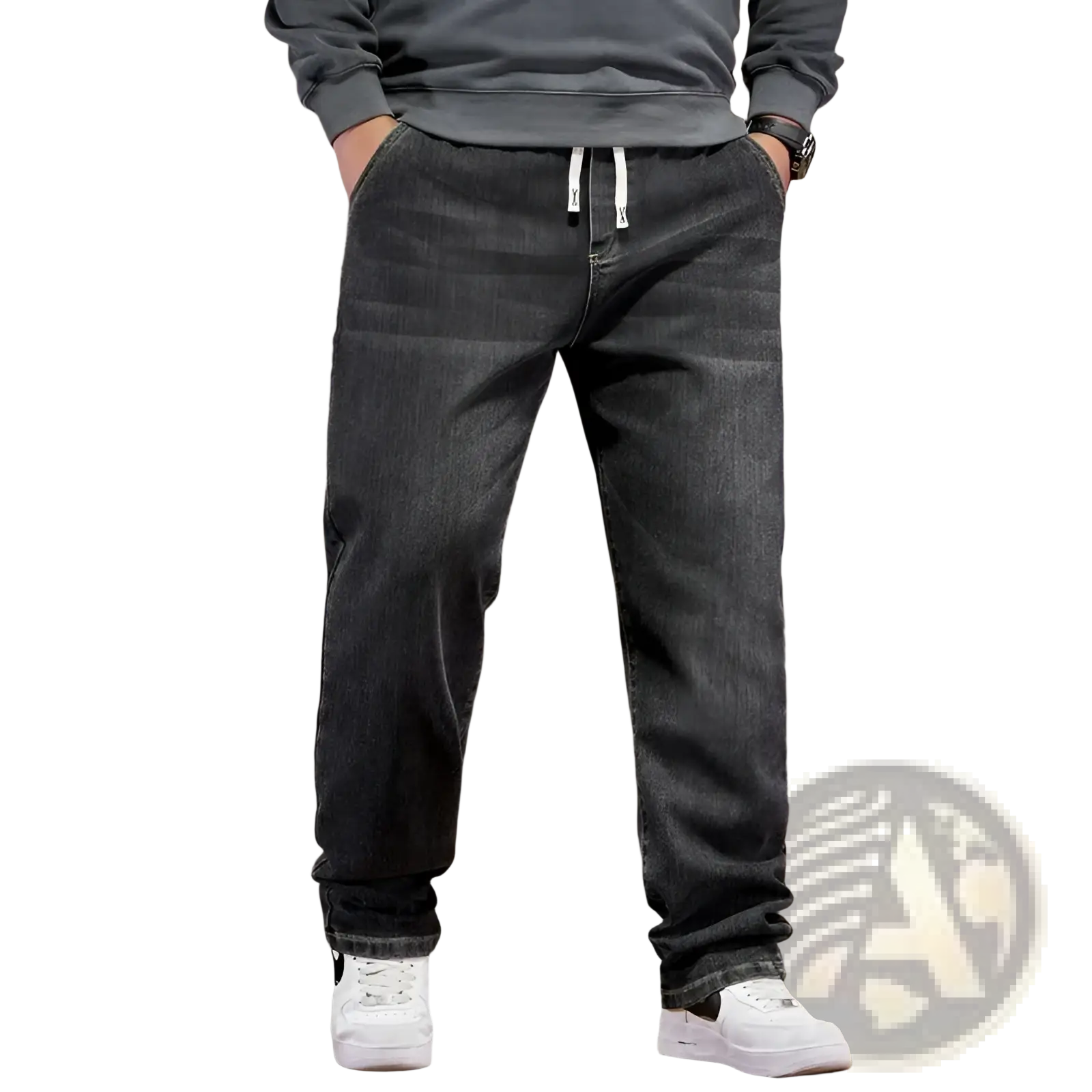 Plus size dark-wash denim loose straight jeans with elastic waistband and white drawstrings at the front
