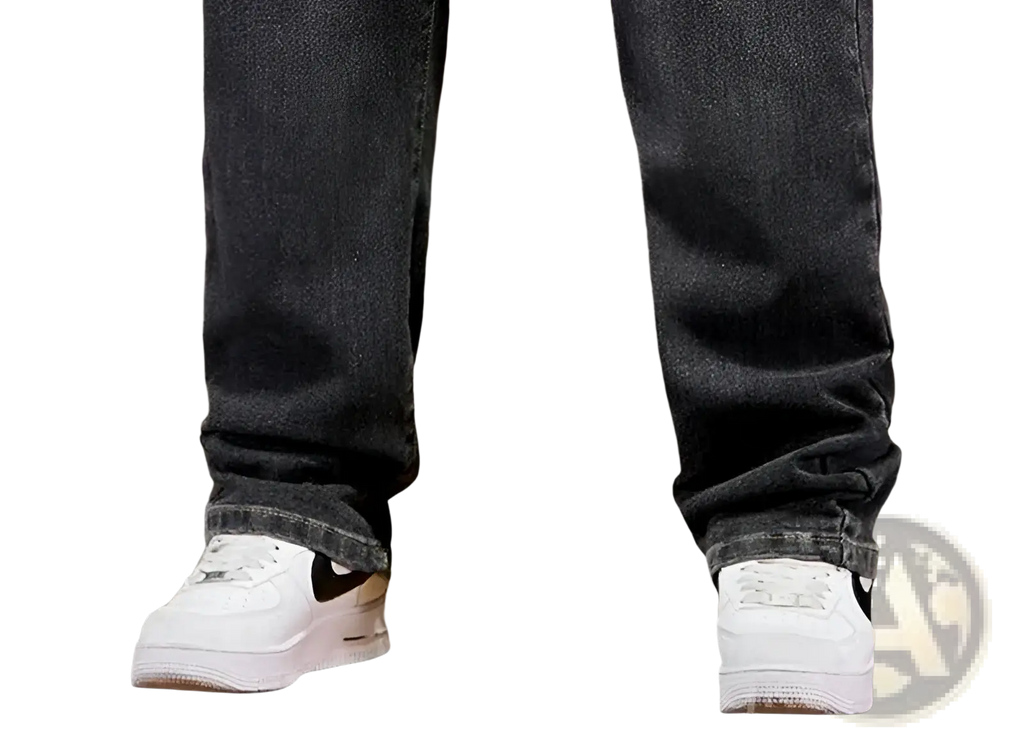 Plus size elastic waist loose straight jeans paired with white nike air force 1 sneakers with black swooshes and tan midsoles